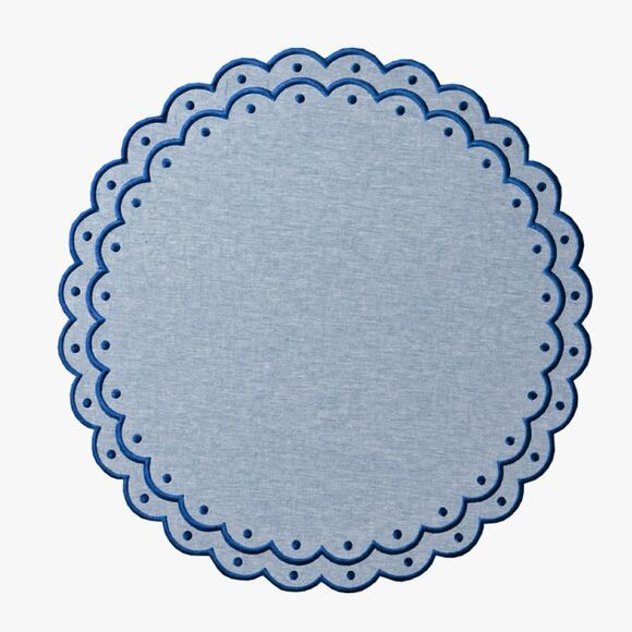Table Two Studio Avalon Placemat Set Embroidered Chambray Linen Scalloped (4)